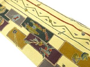 縮緬地　金彩　野菜・玩具模様名古屋帯